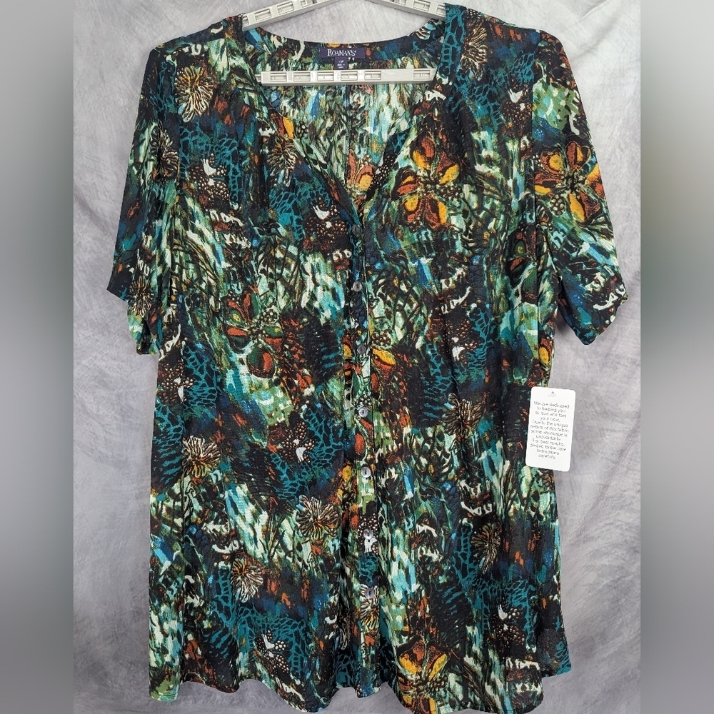 Roman's Size 30 (3XL) Abstract Plant/Floral V-Neck Tunic NWT Button Down